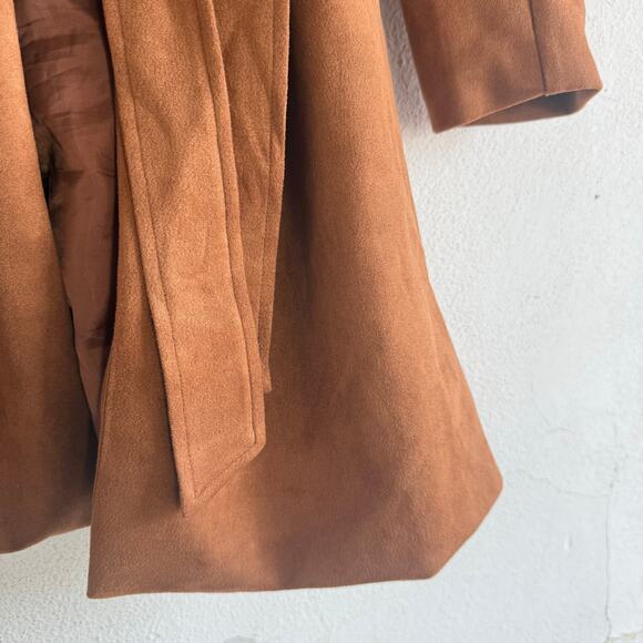 Faux Suede Jacket Camel Brown Drape Coat Tie Waist Quiet Luxury French Girl L - Picture 2 of 5